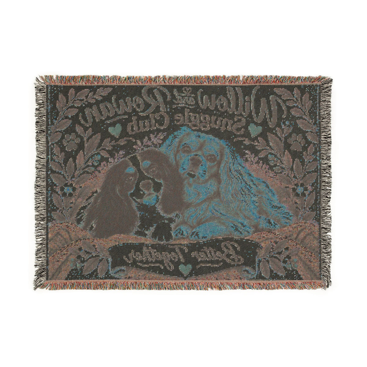 Front of the Willow & Rowan Snuggle Club cotton blanket, with ruby and tricolor Cavaliers and Better Together lettering.