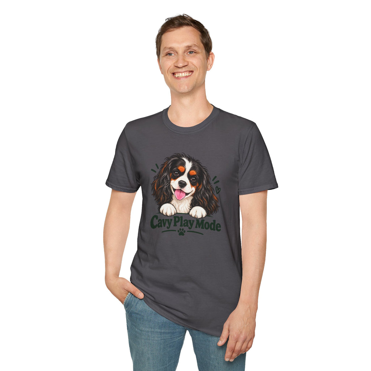 Cavy Play Mode tricolor Cavalier King Charles Spaniel T-shirt in charcoal