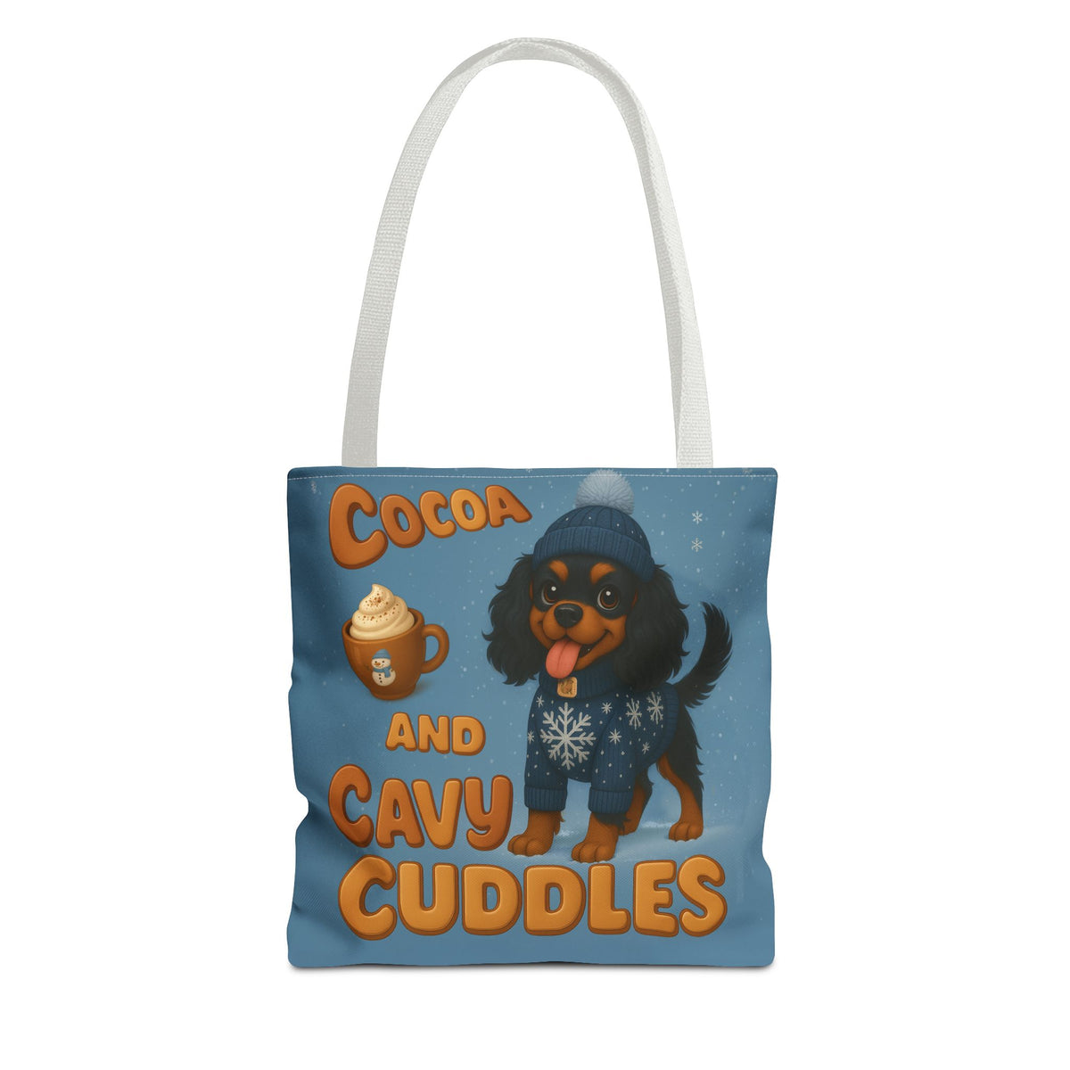 Cocoa and Cavy Cuddles tote bag with white handles, Black and Tan Cavalier King Charles Spaniel design