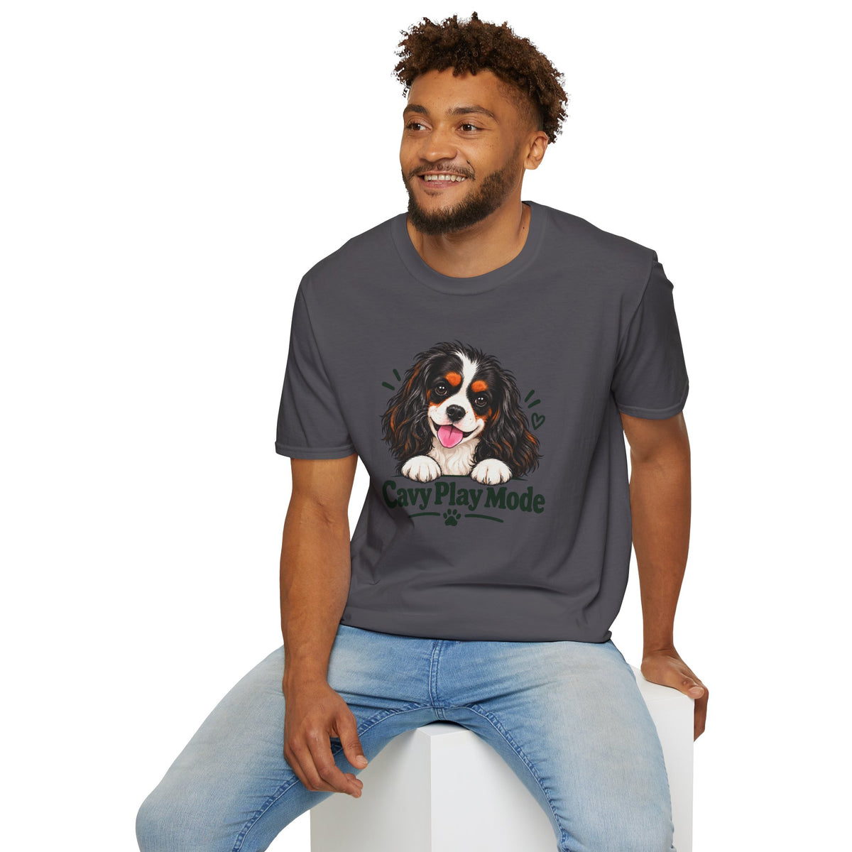 Cavy Play Mode tricolor Cavalier King Charles Spaniel T-shirt in charcoal