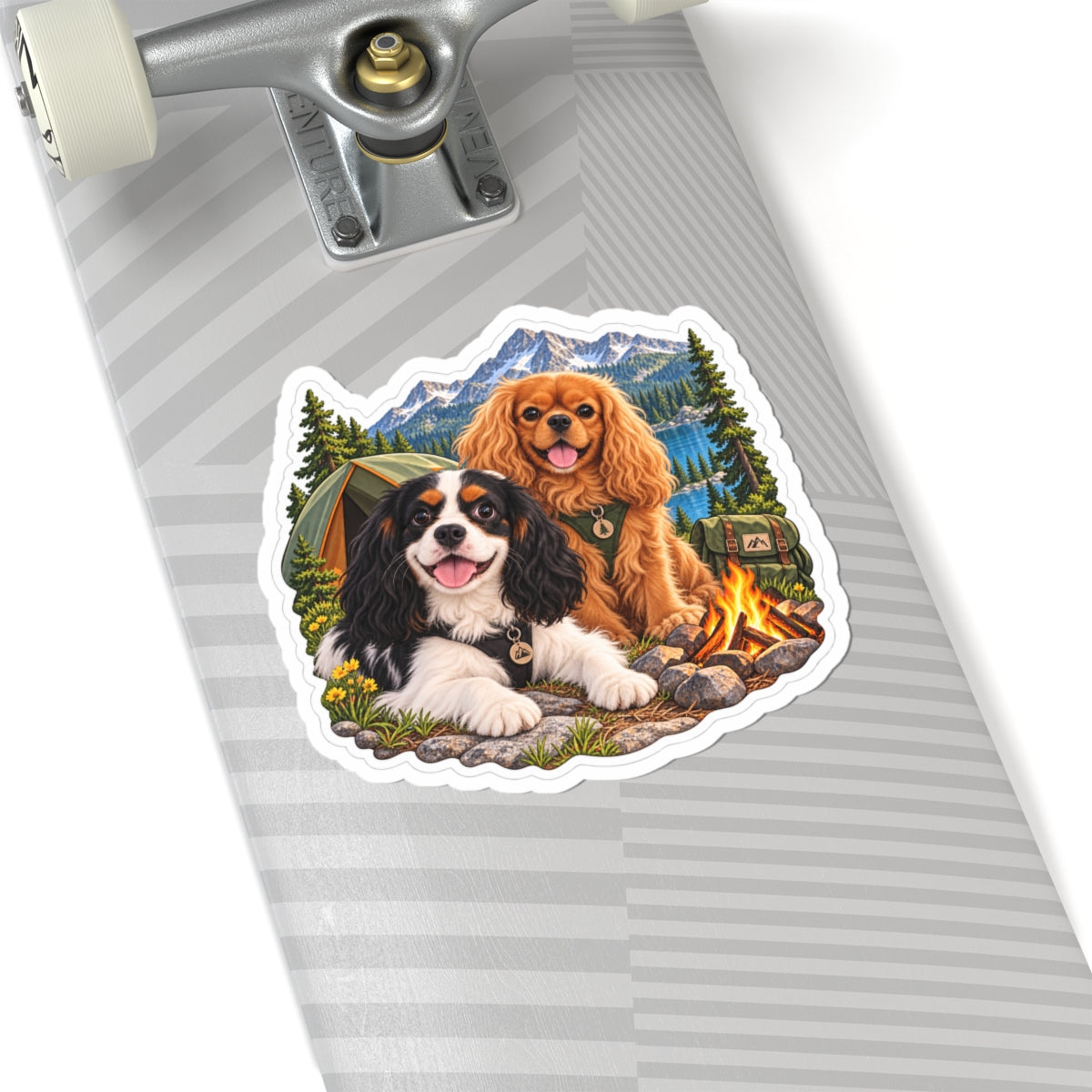 Better Together Campfire Cavalier sticker displayed on the underside of a skateboard.