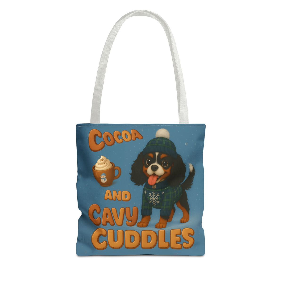 Cocoa and Cavy Cuddles tote bag with white handles, Tricolor Cavalier King Charles Spaniel design