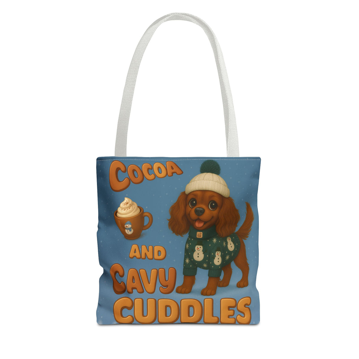 Cocoa and Cavy Cuddles tote bag with white handles, Ruby Cavalier King Charles Spaniel design