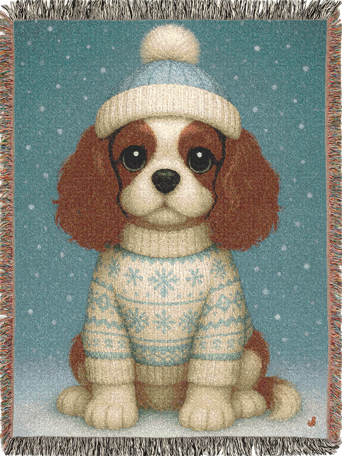 Cavy Comfort woven cotton blanket featuring a Blenheim Cavalier in a knit beanie and sweater