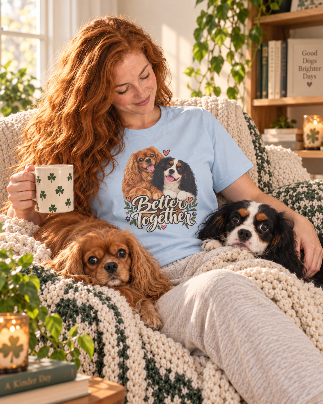 Model holding a mug on a sofa with two Cavaliers, wearing the Better Together T-shirt.