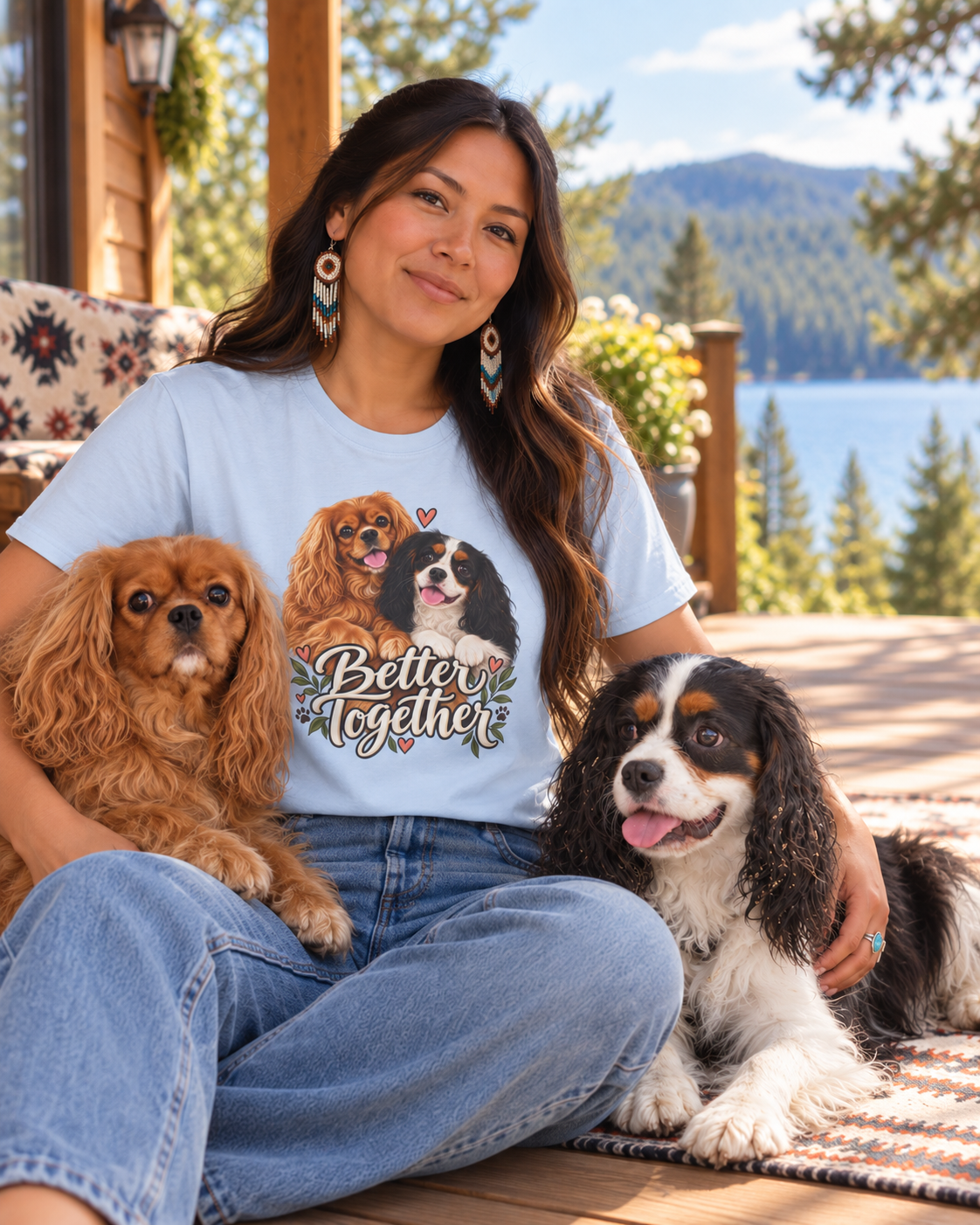 Model seated outdoors with two Cavaliers in the light blue Better Together T-shirt.