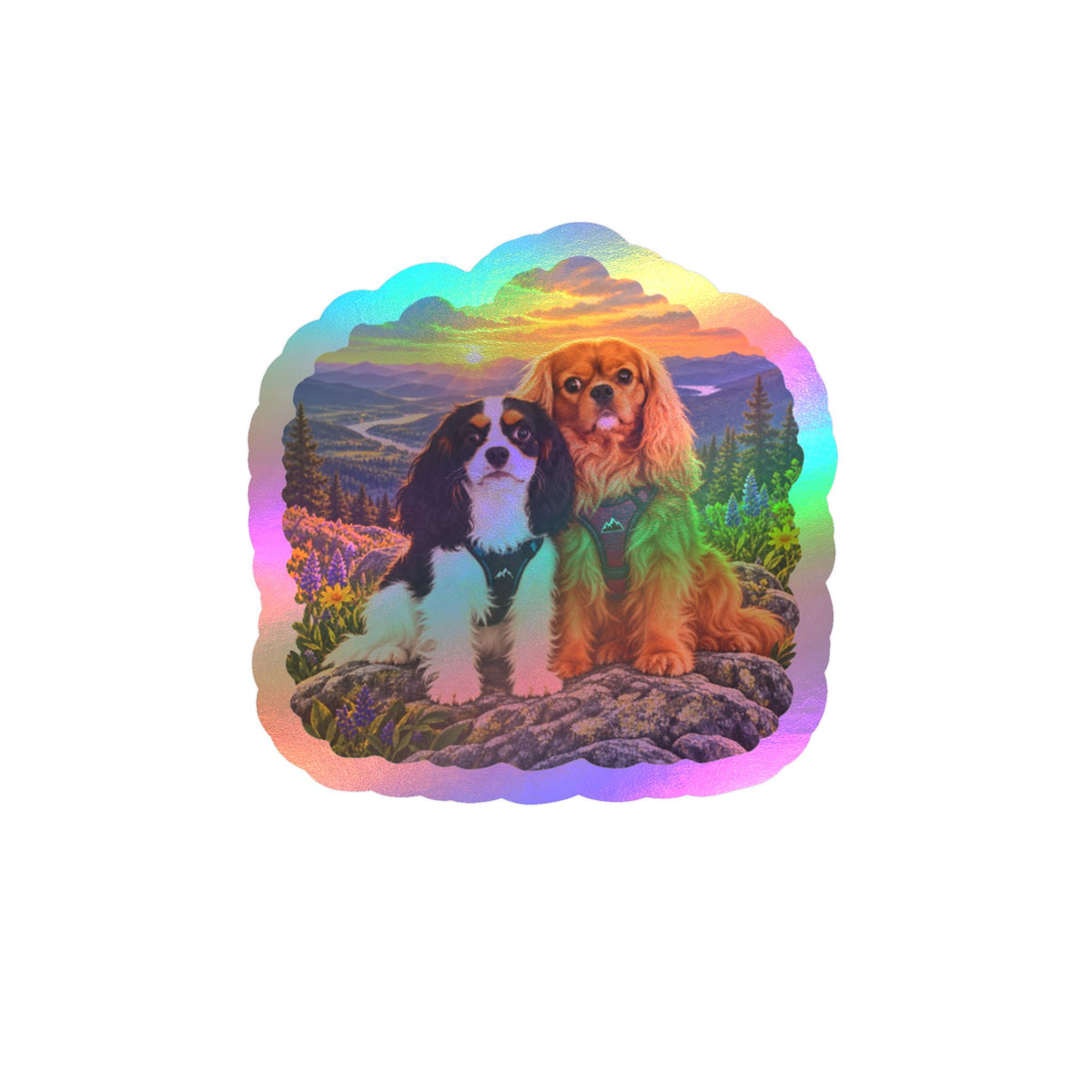 Cavalier King Charles Dogs Vinyl Sticker — Scenic Sunset Kiss-Cut Decal
