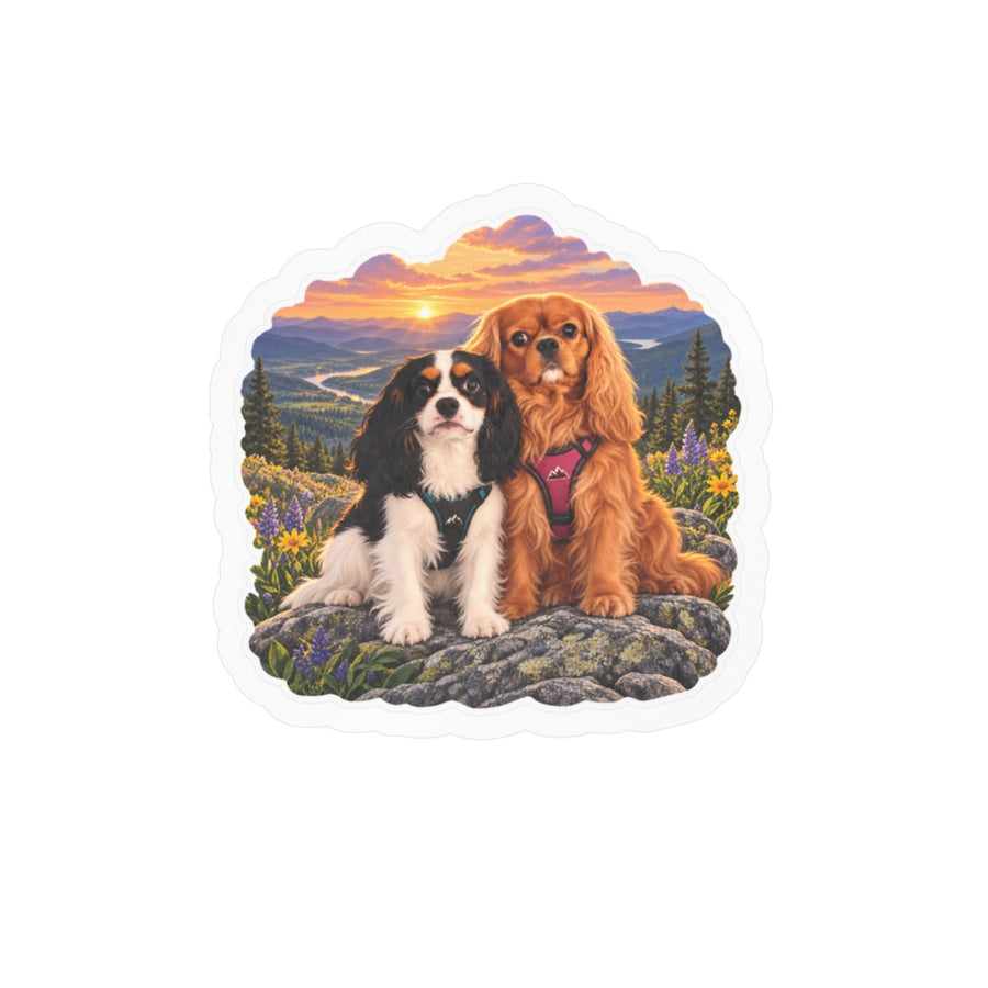 Cavalier King Charles Dogs Vinyl Sticker — Scenic Sunset Kiss-Cut Decal
