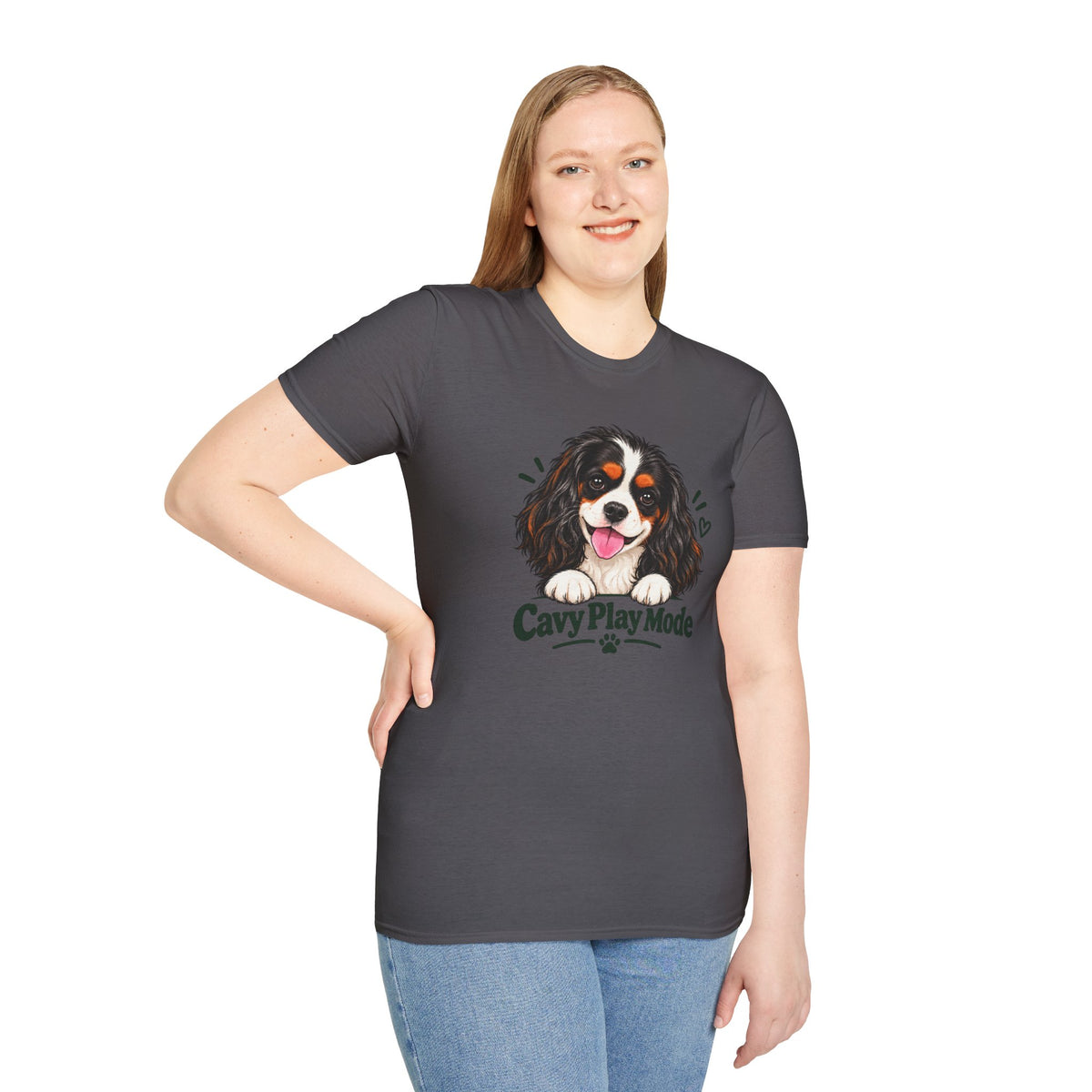Cavy Play Mode tricolor Cavalier King Charles Spaniel T-shirt in charcoal