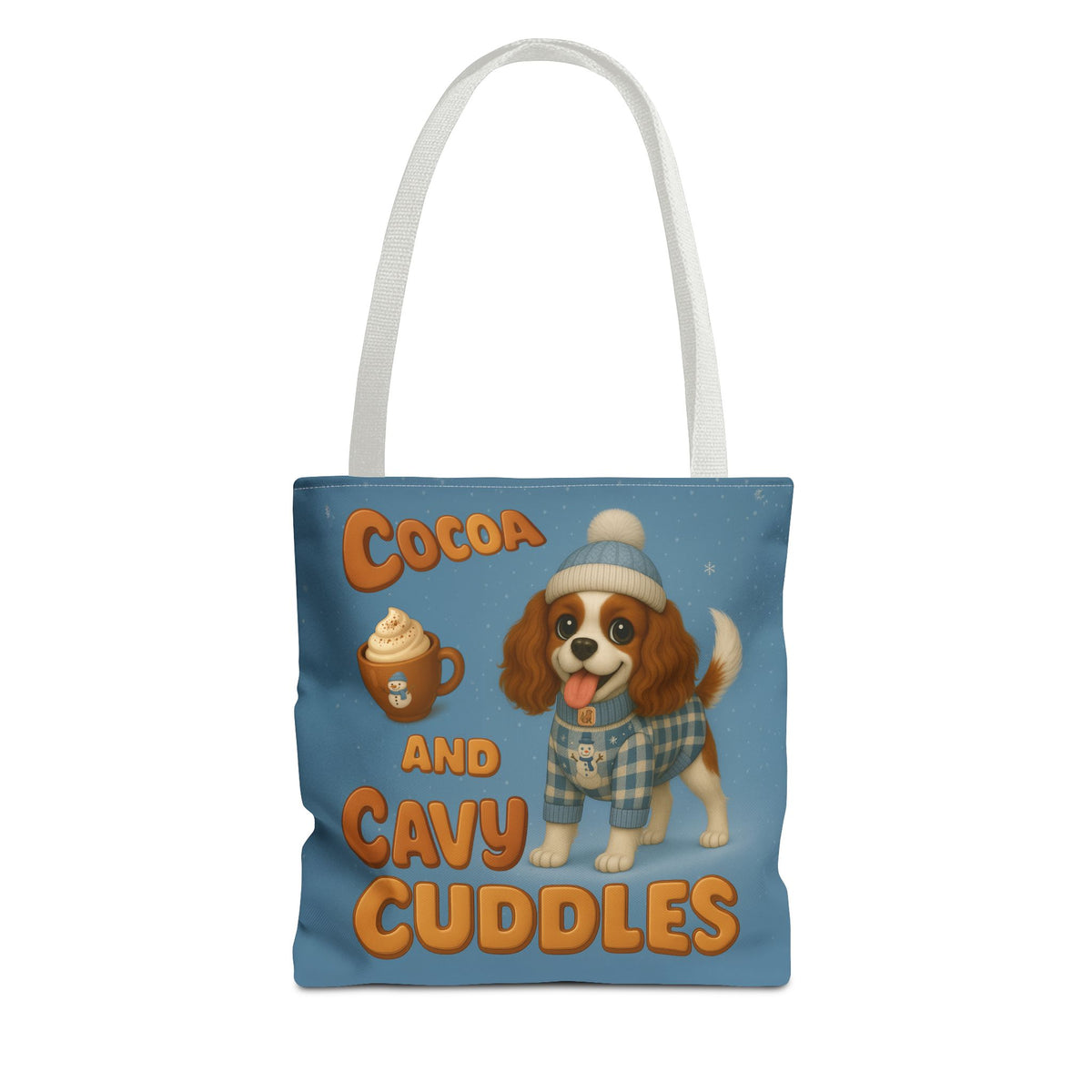Cocoa and Cavy Cuddles tote bag with white handles, Blenheim Cavalier King Charles Spaniel design