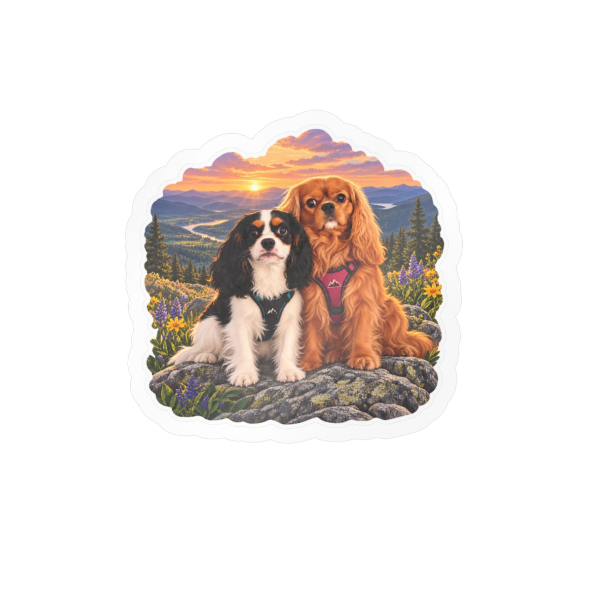 Cavalier King Charles Dogs Vinyl Sticker — Scenic Sunset Kiss-Cut Decal