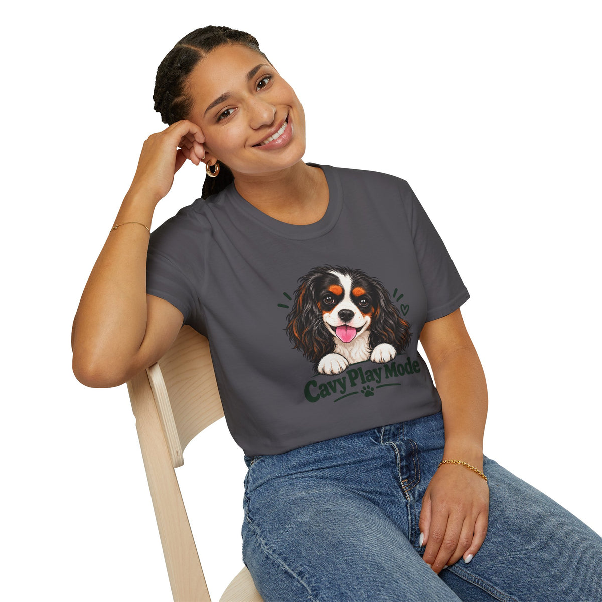 Cavy Play Mode tricolor Cavalier King Charles Spaniel T-shirt in charcoal