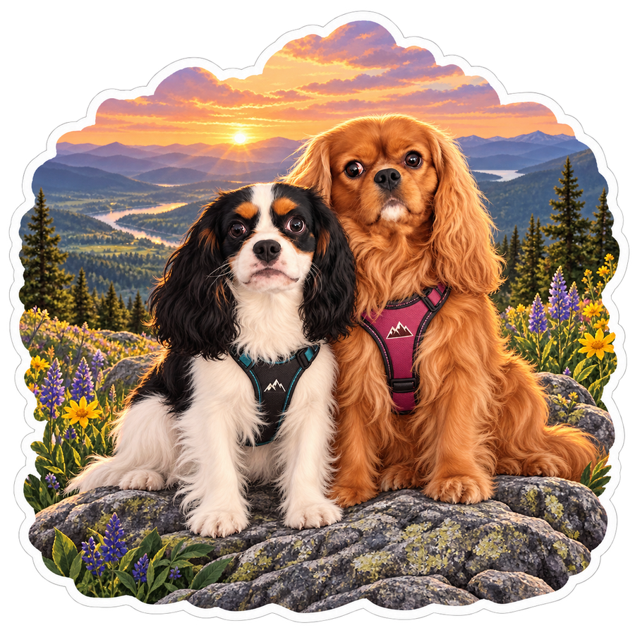 Willow, a ruby Cavalier, and Rowan, a tricolor Cavalier King Charles Spaniel, together at sunset in the Better Together sticker artwork.