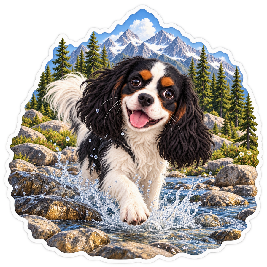 Rowan, a tricolor Cavalier King Charles Spaniel, playing beside a mountain river in the Cavy Play Mode sticker artwork.
