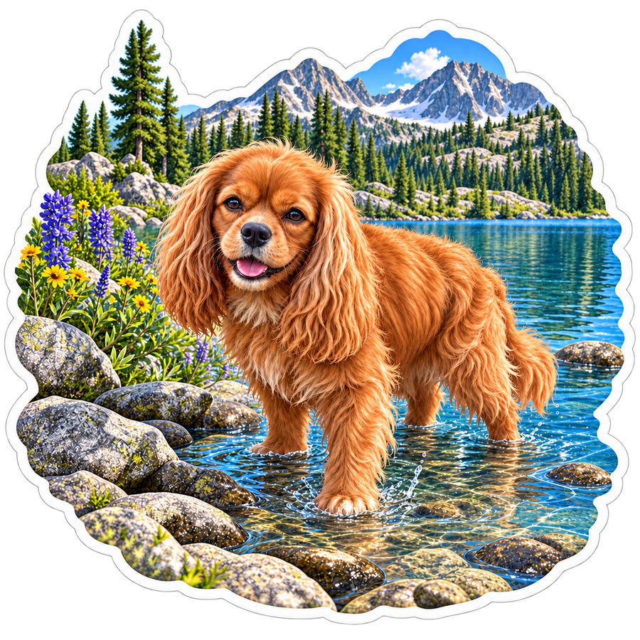 Willow, a ruby Cavalier King Charles Spaniel, resting by an alpine lake in the Cavy Snuggle Club sticker artwork.