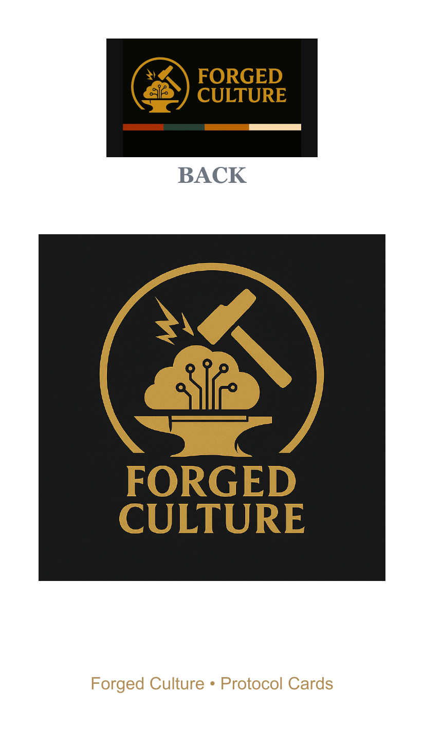 Forged Culture Protocol Deck card back with anvil and circuit-cloud crest